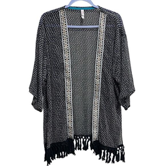 Xhilaration‎ Black White Kimono Cardigan Boho Fringe Trim Size M - Picture 1 of 13